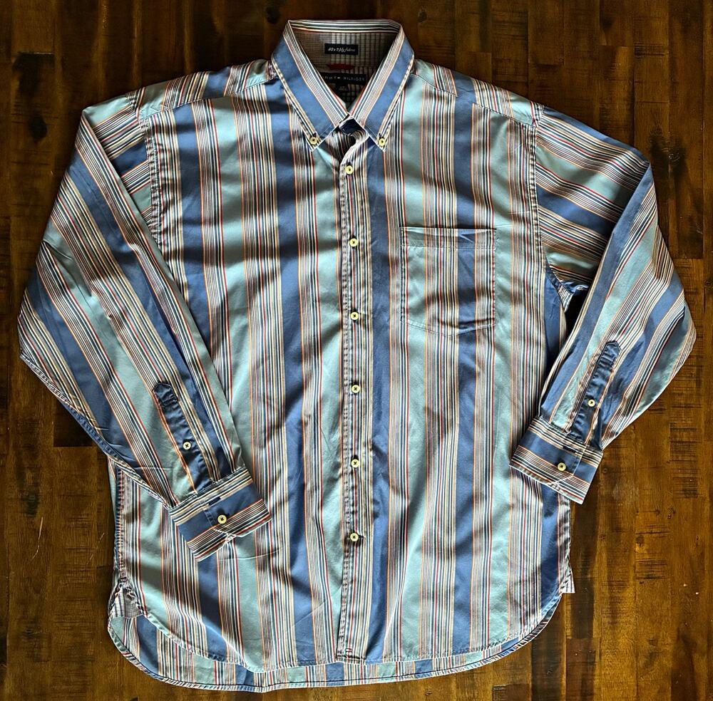 Vintage Tommy Hilfiger 80s 2 Ply Vertical Striped Shirt Men’s L Blue Red White